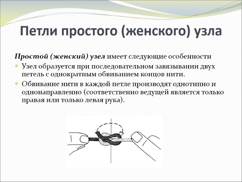 Петли простого (женского) узла Простой (женский) узел имеет следующие особенности Узел образуется при Петли простого (женского) узла Простой (женский) узел имеет следующие особенности Узел образуется при